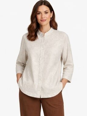 Chico's XL Size 3 Neutral Palm Print Mandarin Collar Jacket Pockets 3/4 Sleeve